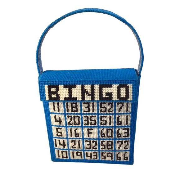 Vintage Needlepoint Bingo Game Bag Purse Tote Grannycore Double Side Grandma - Picture 1 of 14